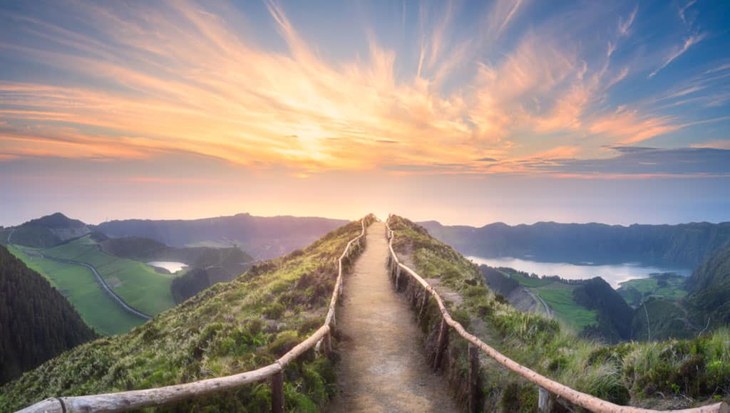 Mountain landscape with hiking trail and view of beautiful lakes Ponta Delgada, Sao Miguel Island, Azores, Portugal.