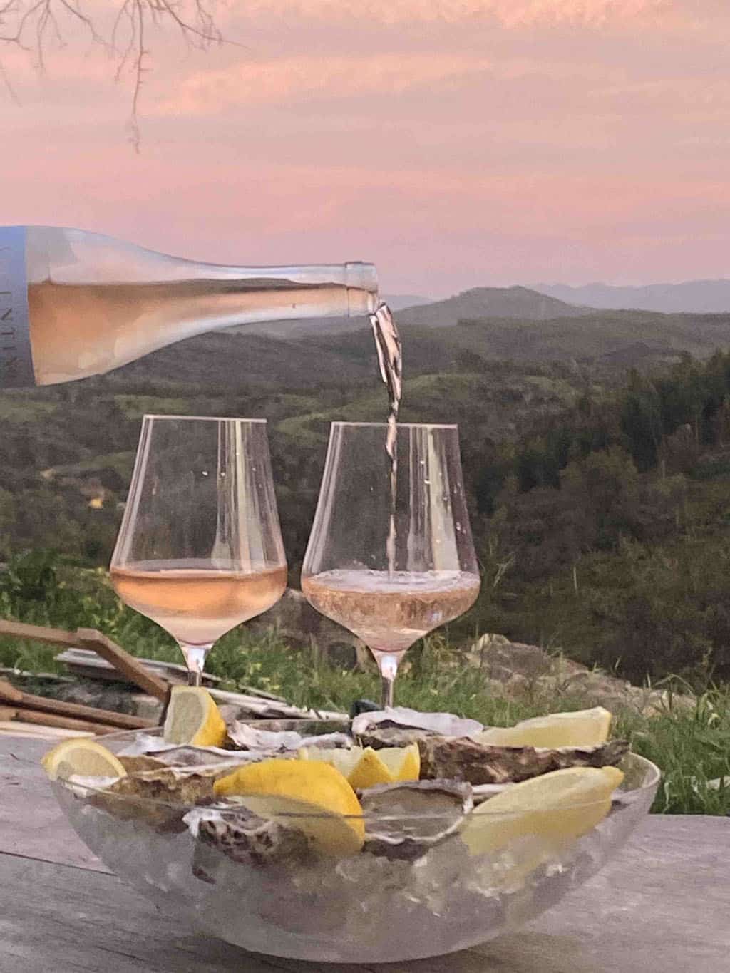 Pink sky, pink wine: there’s something about oysters and rosé – the blissful view from our home.