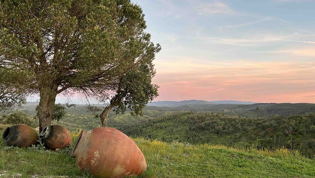 Roman-style talha amphorae and a pink sunset over Vale das Estrelas