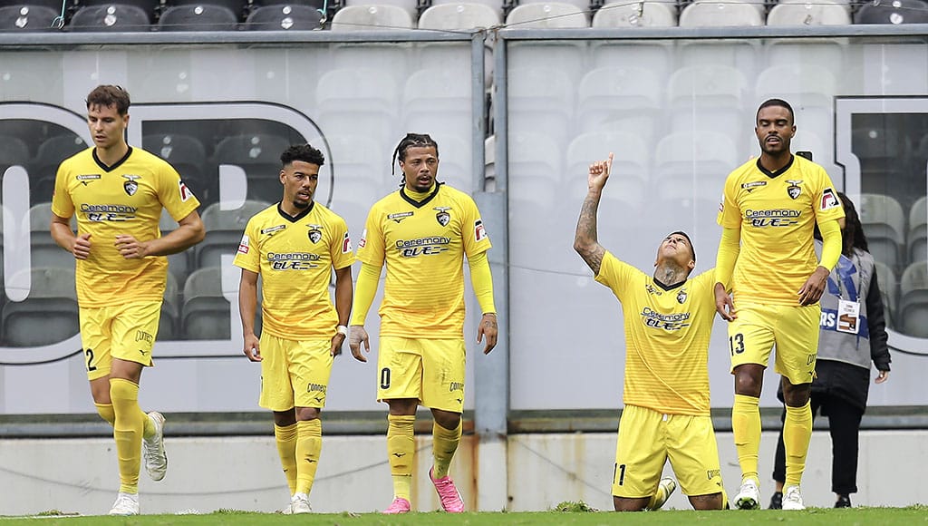 Portimonense player Carlinhos (second from right) celebrating after scoring 0-3 against Boavista at Estádio do Bessa in Porto on January 28