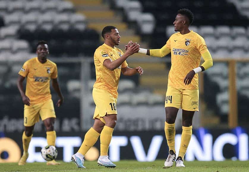 Portimonense player Moufi (centre) celebrating a goal against Boavista last Sunday, January 29