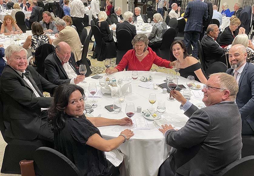Outgoing committee member Gaynor Stapleton (centre) with her successor Ryszard Lisinski (far right)|Carlos Campolargo enjoying a joke with Helga Hampton|From left: Carlos Campolargo, AWS President Nick Sykes and distributor André Rosa of Algarwine|Wild Guitars performed some golden hits from the past|The Campolargo estate in Bairrada