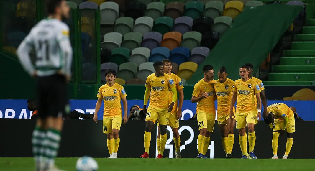 Portimonense players celebrate an own goal of Sporting player Matheus Reis during a match held at the Alvalade stadium in Lisbon on December 29