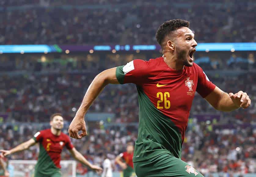 Olhão-born striker Gonçalo Ramos celebrates scoring the opening goal during the FIFA World Cup 2022 match between Portugal and Switzerland at Lusail Stadium, Qatar, on December 6