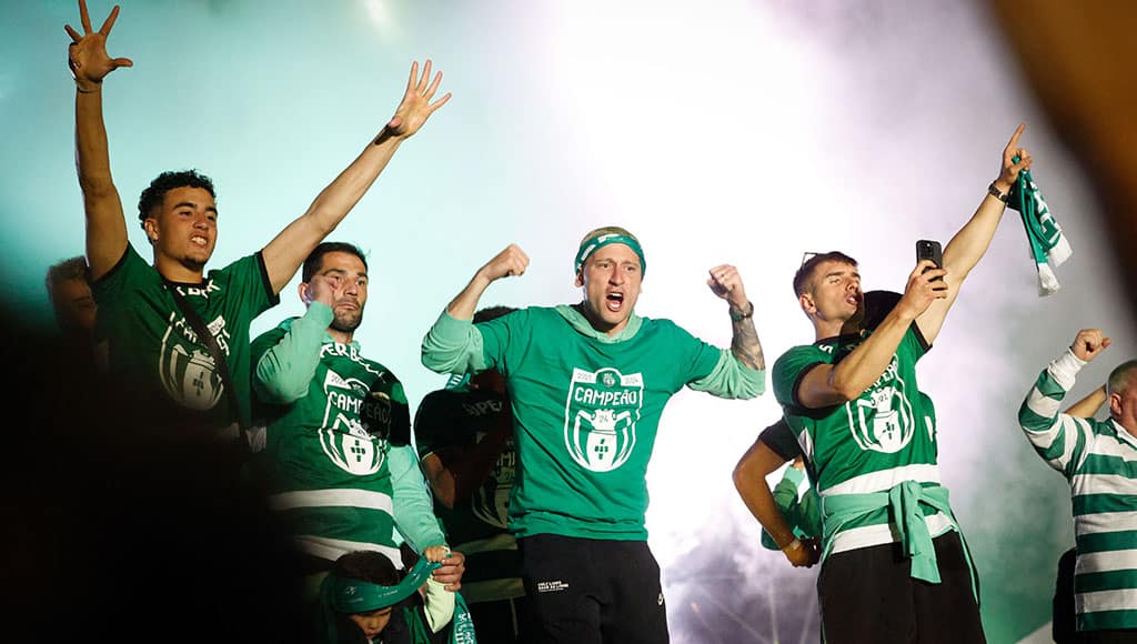 Sporting players celebrate the conquest of the Portuguese Soccer First League title at Marquês de Pombal Square in Lisbon, on May 6, 2024