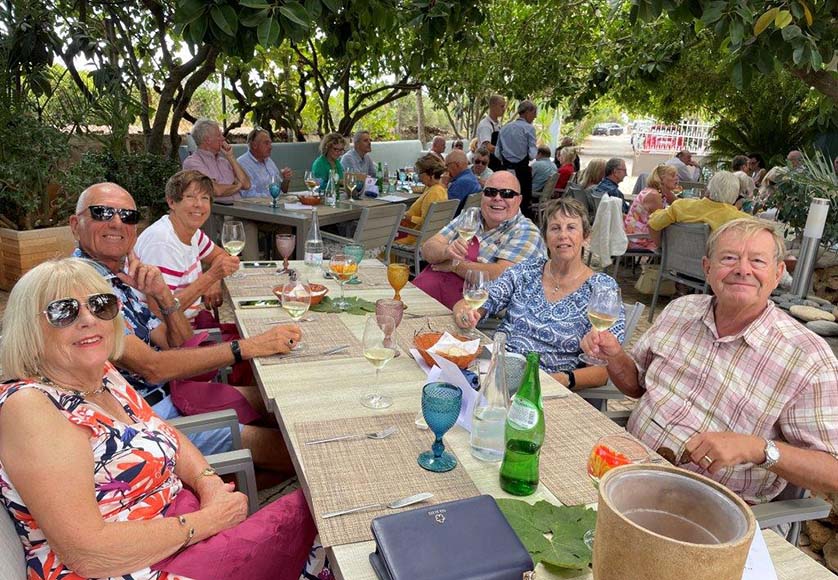 Guests enjoying their lunch|Lunch under the trees|Rita Cardosa Pinto introduces her wines|Steve Rigby (AWS) thanks Rita Pinto (left) and Luis and Andrea Pequeno ( right)