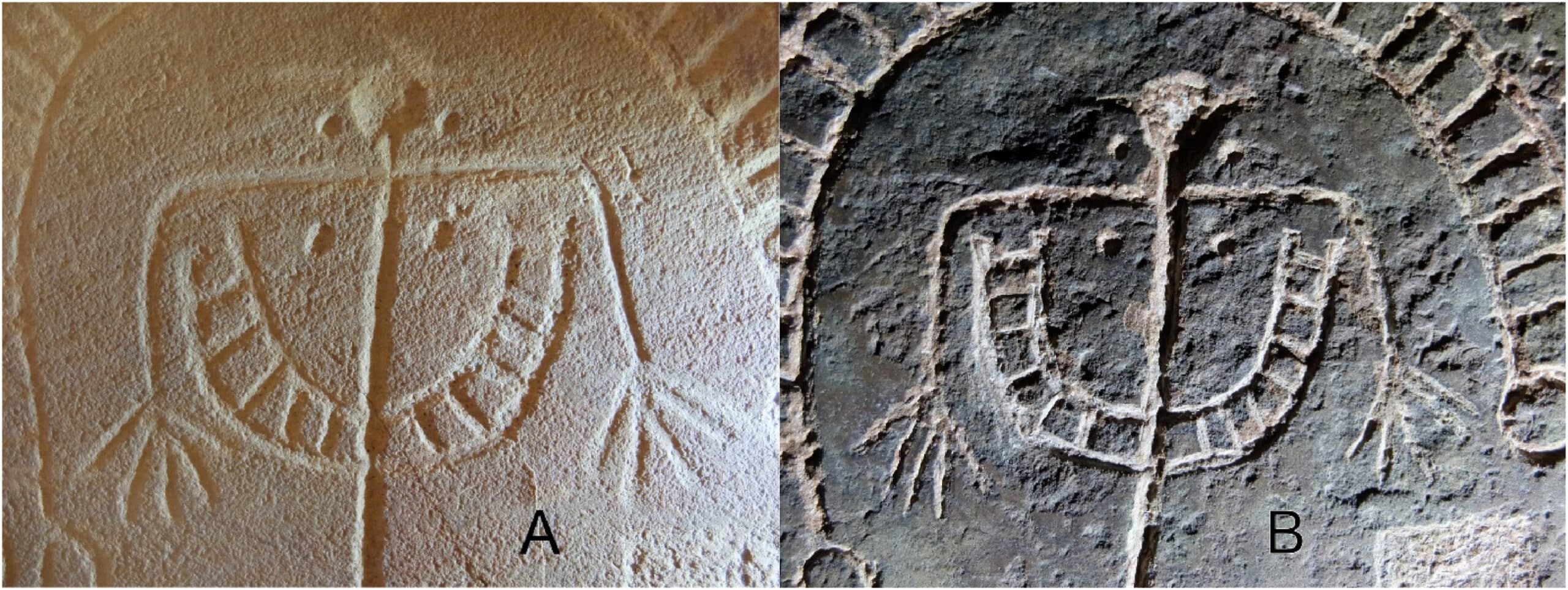 (Left) the Rocha do Vigio, carved 2,900 years ago. (Right) the result of researchers' experiment, showing only a steel chisel could cut satisfactorily into the rock|PSD