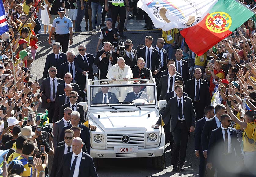 epa10783273 Pope Francis (C) arrives to attend a welcome ceremony in Meeting Hill at Parque Eduardo VII in Lisbon, Portugal, 03 August 2023. The Pontiff is in Portugal on the occasion of World Youth Day (WYD), one of the main events of the Church that gathers the Pope with youngsters from around the world, that takes place until 06 August. EPA/ANTONIO PEDRO SANTOS / POOL|Pope Francis kisses a baby during the route between Belem Palace and Centro Cultural de Belem after a meeting with Portugal's President Marcelo Rebelo de Sousa (not pictured) in Lisbon, Portugal, 02 August 2023. The Pontiff will be in Portugal on the occasion of World Youth Day (WYD), one of the main events of the Church that gathers the Pope with youngsters from around the world, that takes place until 06 August. JOSE SENA GOULAO/LUSA/POOL|epa10781636 Pope Francis waves to the crowd after a meeting with the Portugal's Prime Minister at Apostolic Nunciature in Lisbon, Portugal, 02 August 2023. The Pontiff is in Portugal on the occasion of World Youth Day (WYD), one of the main events of the Church that gathers the Pope with youngsters from around the world, that takes place until 06 August. EPA/MIGUEL A. LOPES / POOL
