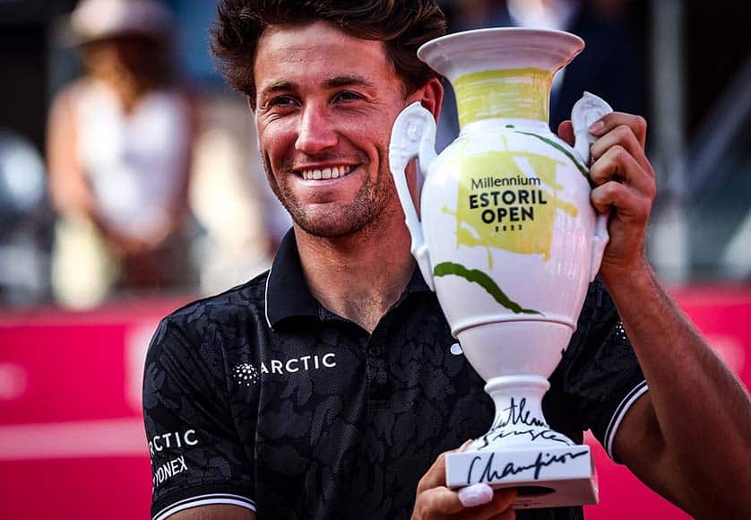 Casper Ruud from Norway celebrates with the trophy after winning his final match against Serbian Miomir Kecmanovic, at the Estoril Open Tennis tournament in Estoril, Lisbon Photo: Rodrigo Antunes/LUSA
