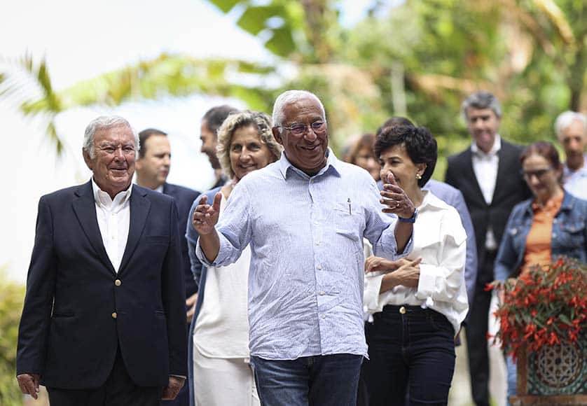 Prime minister António Costa (centre), pictured with Sintra mayor Basílio Horta (left) and other members of the government before an “informal” Council of Ministers meeting at Monserrate Palace in Sintra on July 8