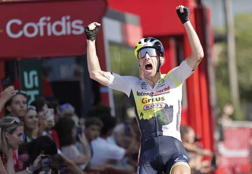 Portuguese rider Rui Costa of Intermarche-Circus-Wanty celebrates after winning the 15th stage of the Vuelta a Espana, a 158.5 km cycling race from Pamplona to Lekumberri, Navarra, Spain, 10 September 2023. EPA/Manuel Bruque