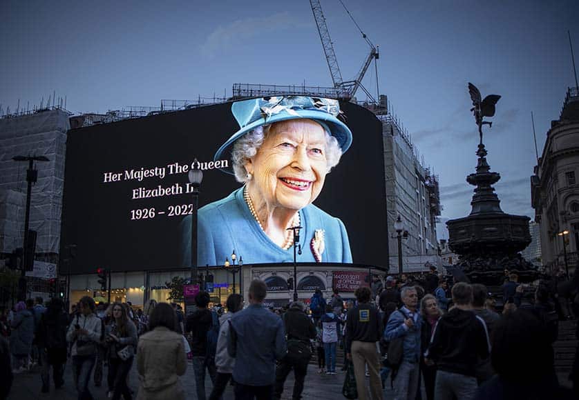 A screen commemorating Queen Elizabeth II in Piccadilly Circus, London, on September 8