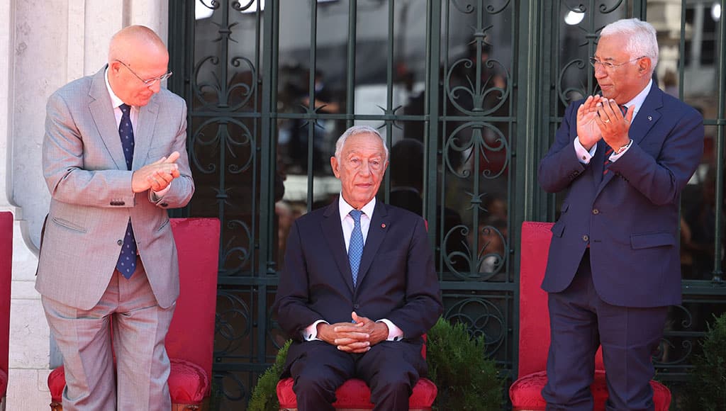 President Marcelo (centre) pictured with (outgoing) prime minister António Costa (right) and President of Parliament Augusto Santos Silva during the 113th anniversary to mark the Implantation of the Portuguese Republic on October 5