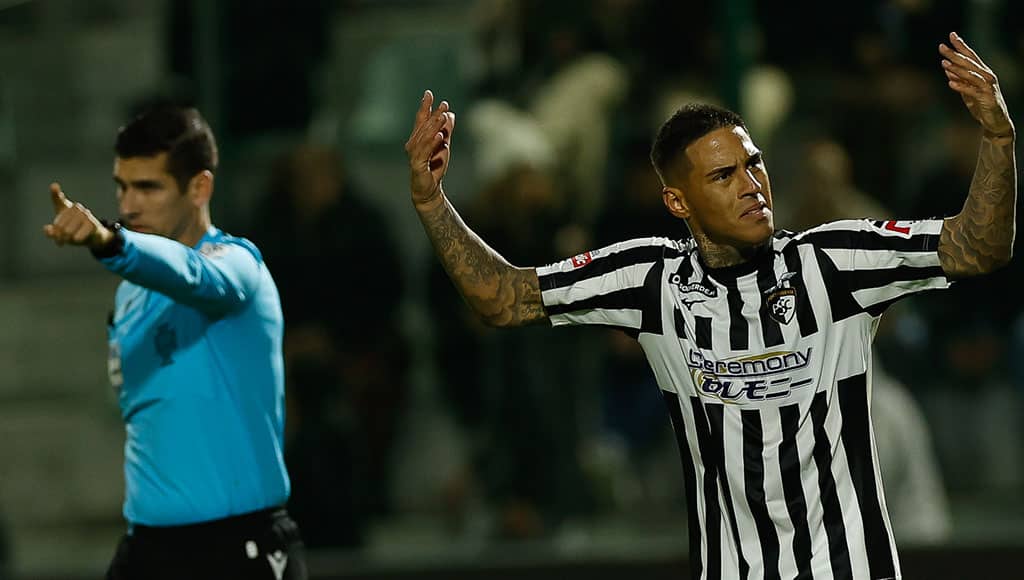 Portimonense’s Carlinhos celebrating a goal against Farense during last Friday’s match in Portimão
