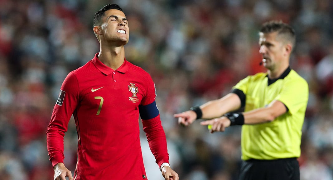 Cristiano Ronaldo reacts during the FIFA World Cup 2022 qualifying group A match Portugal vs Serbia at Luz Stadium in Lisbon, on November 14