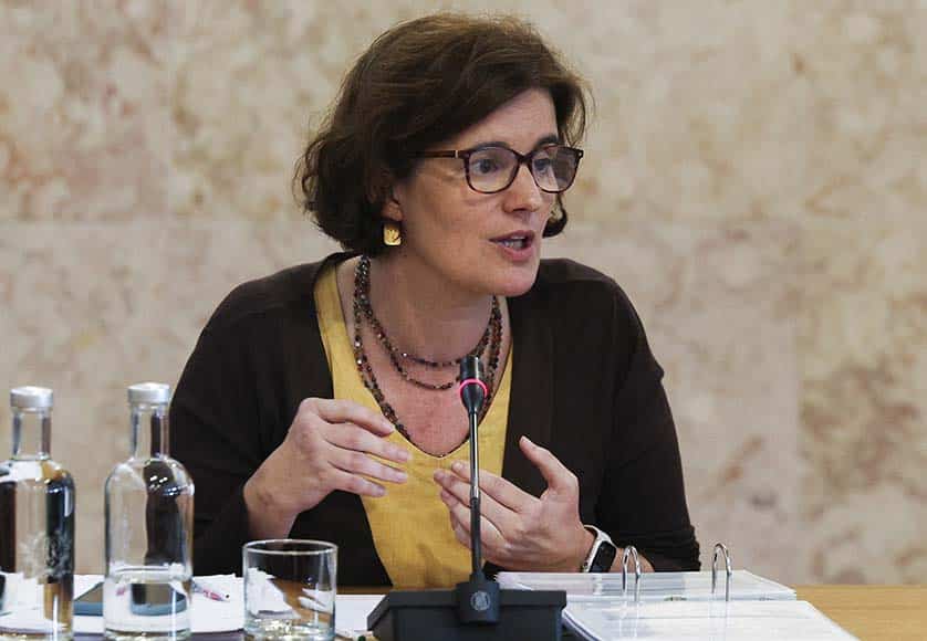 Mariana Vieira da Silva speaking to journalists today following the weekly Council of Ministers (Cabinet meeting) Imafe: Tiago Petinga/ Lusa