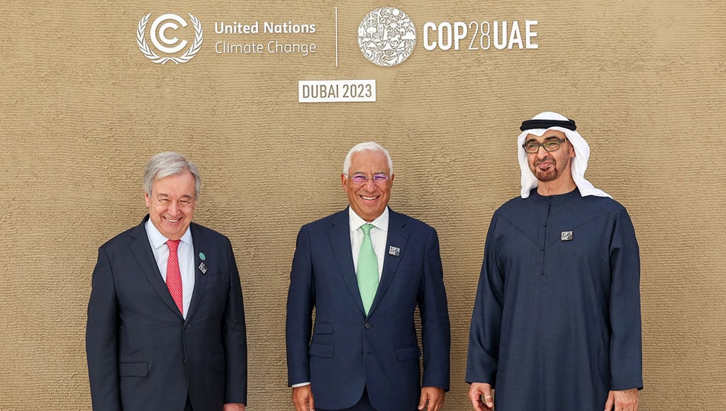 Also today the PM has pledged €5 million in finance to the "damages and losses" fund. Image: official COP28 press pack, showing UN secretary general António Guterres (left), Mr Costa (centre) and COP28 president of the UAE, Mohamed bin Zayed Al Nahyan