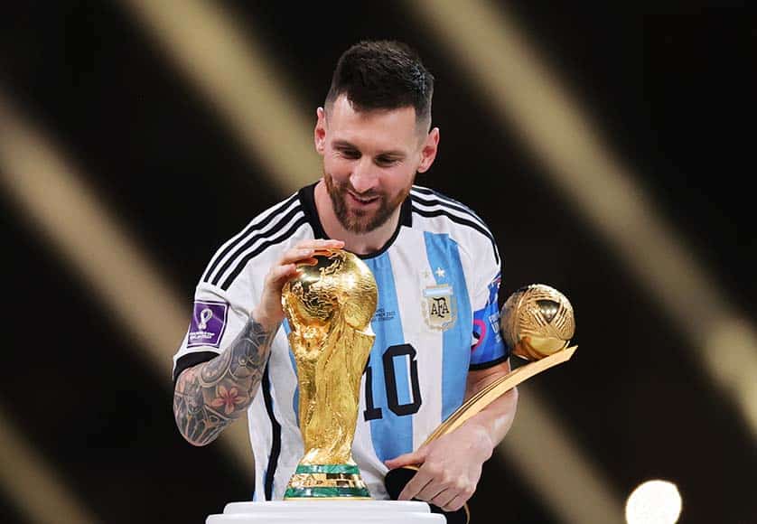 Lionel Messi of Argentina with the much-coveted World Cup trophy