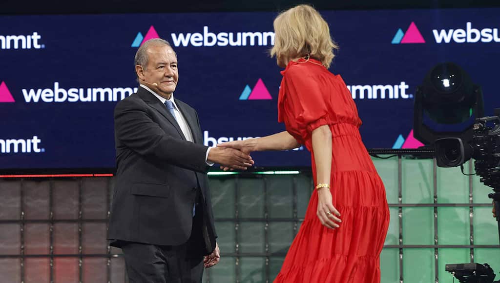 Portuguese Economy minister Antonio Costa e Silva (L) greets Web Summit CEO Katherine Maher (R) during the opening ceremony of the 2023 Web Summit in Lisbon, Portugal, 13 November 2023. The Web Summit is considered the largest event of startups and technological entrepreneurship in the world, takes place from 13 to 16 of November in Lisbon. ANTÓNIO PEDRO SANTOS/LUSA