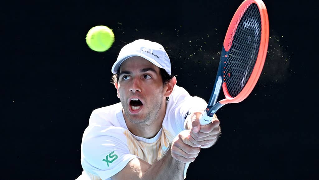 Nuno Borges of Portugal in action during his 4th round match against Daniil Medvedev of Russia on Day 9 of the 2024 Australian Open at Melbourne Park in Melbourne, Australia, January 22