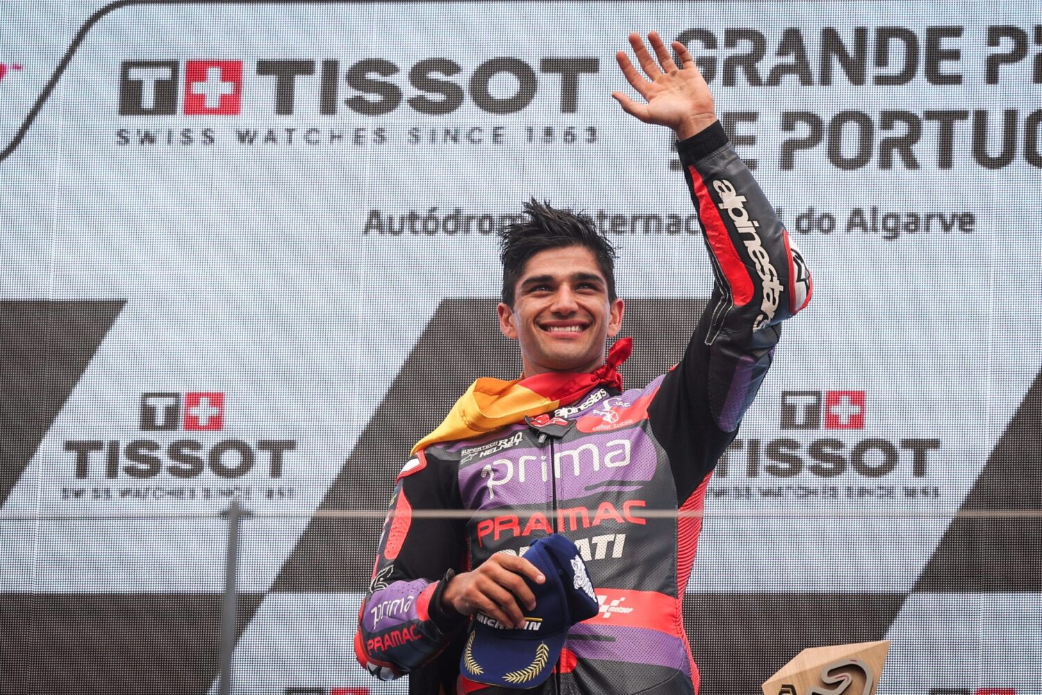 Jorge Martin of Spain and Prima Pramac Racing celebrates on the podium after winning the MotoGP race of the Motorcycling Grand Prix of Portugal, in Portimão, on March 24. Photo: EPA/JOSE SENA GOULAO