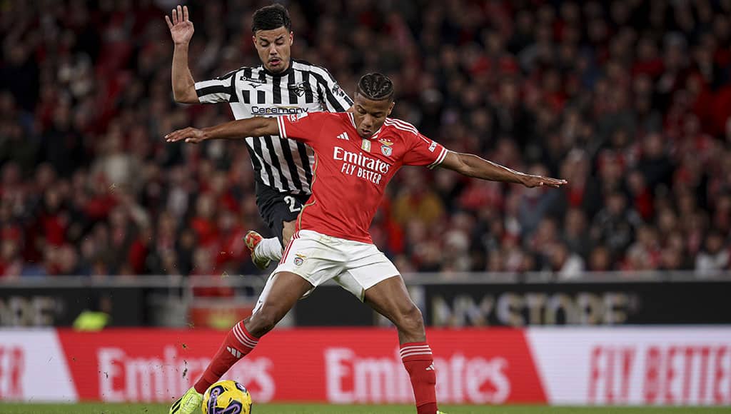Benfica player David Neres in action with Portimonense player Guga during the First League Soccer match at Luz Stadium, in Lisbon, on February 25
