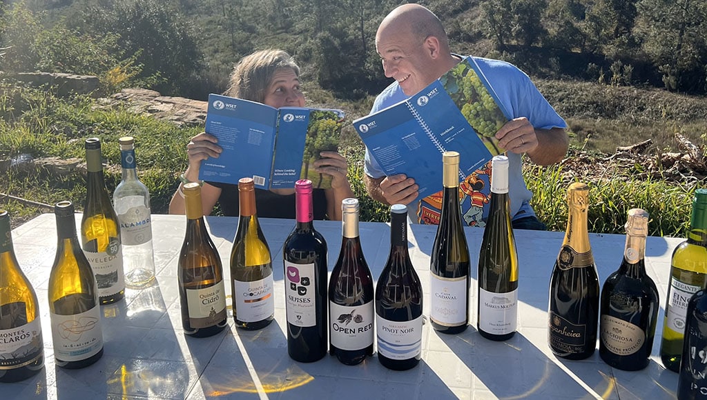 Learning by doing: we started our formal wine education during the podcast series on Alentejo wine|Talking wine: Australian winemaker David Baverstock has been making Portuguese wine since the 1980s – most of it at Esporão|Cellar stories: Interviewing former Esporão chief winemaker Sandra Alves in their huge underground wine bunker|Sign of the times: Alentejo produces 40% of Portugal’s wine|Pink sky, pink wine: there’s something about oysters and rosé – the blissful view from our home.|A Monumental Wine: The Esporão tower, or Torre, gives its name to their finest wine and appears on every bottle|Going underground: Vicentino’s assistant winemaker Ana Rita Bouça and general manager Filipe Caetano in their new winery barrel room