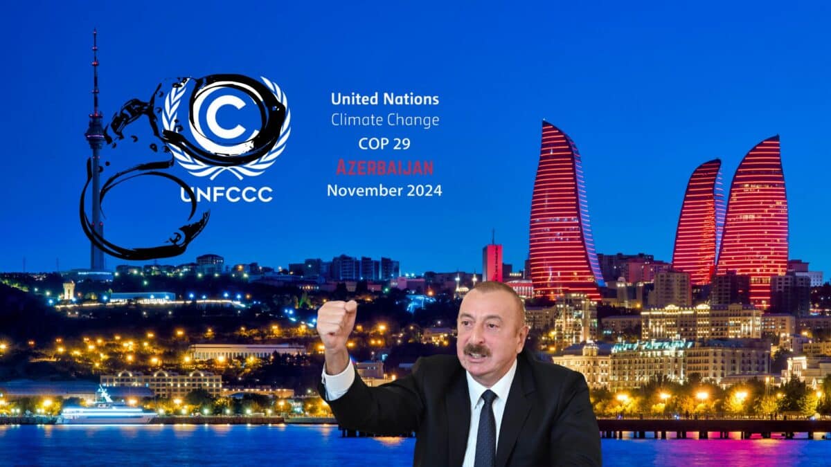 A montage used to show the conflicts at work in plain sight in Azerbaijan (https://globalvoices.org/2024/05/01/azerbaijan-cop29-host-shows-disregard-for-climate-action-and-human-rights/)