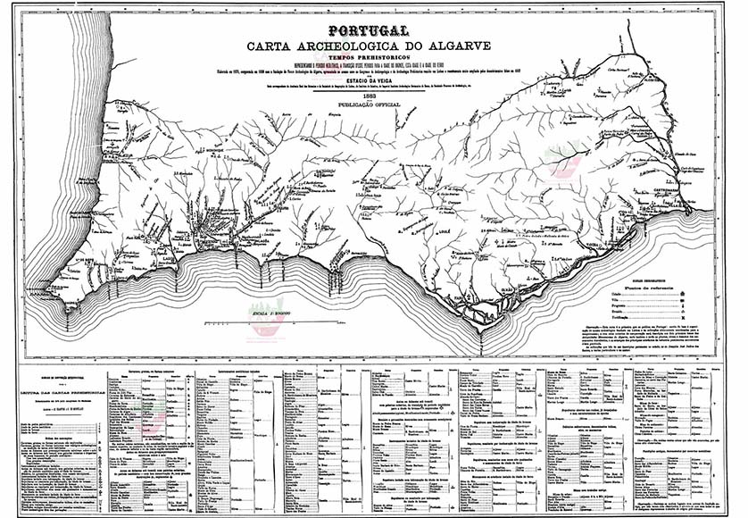 Algarve Archaeological Map 1883 by Estácio da Veiga|Ara de Tatianos, Santa Luzia, Tavira 2nd century AD|Bust of Dionysis, Milreu Estoi 2nd century AD|Cup with applied cabuchons, Tavira|Cup with applied cabuchons, Tavira