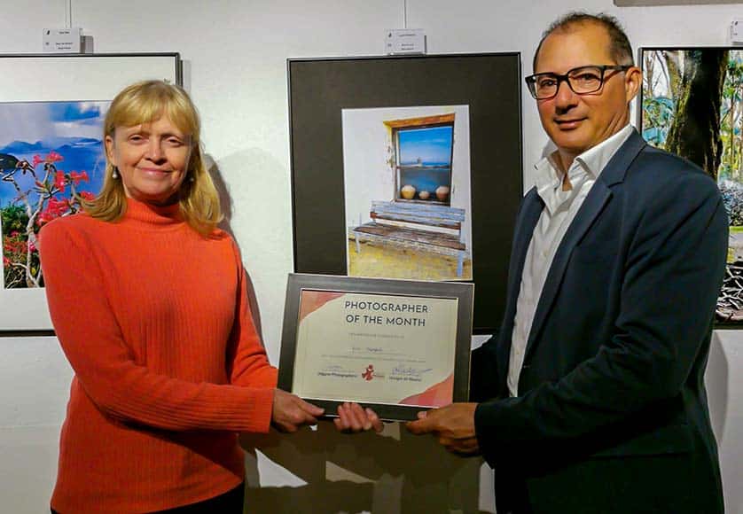 Ludi Stiebner receiving her certificate from APG President, Daryl Gabin, for her entry “Blue Bench”