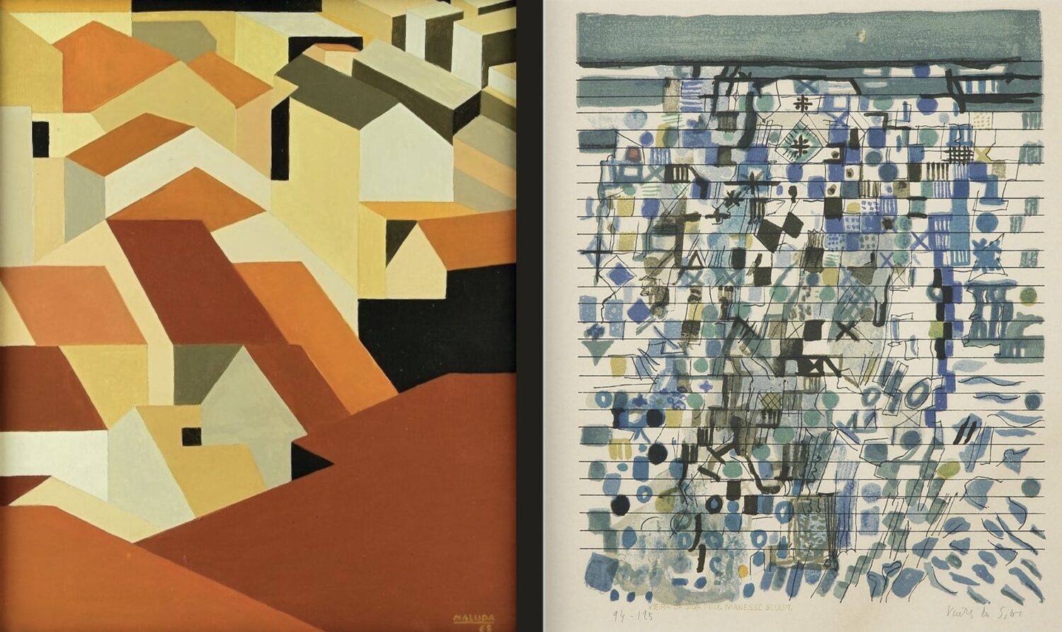 Artworks by Maluda (left) and Maria Helena Vieira da Silva|The Company of Women 1997 (Pastel on Paper on Aluminium)