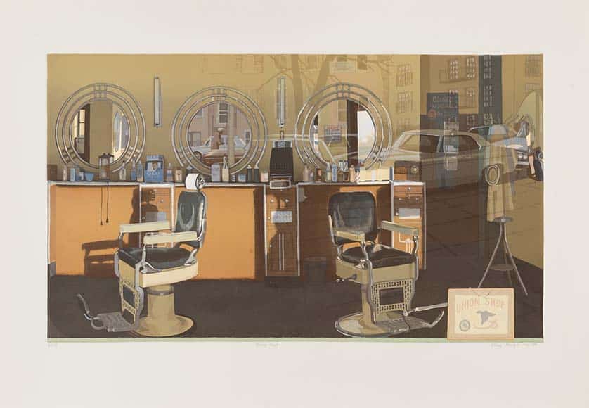 Barber Chairs - Nancy McIntyre (Smithsonian American Art Museum)|Barber Pole by Emile Cero (1939)|Egyptian painting of a woman with a wig and head cone, circa 1250-1200 BCE
