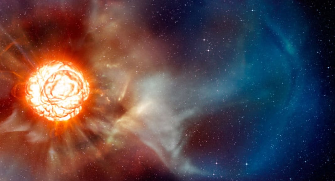A plume of gas nearly the size of our solar system erupts from Betelgeuse’s surface in this artist’s illustration of real observations gathered by astronomers using the Very Large Telescope in Chile