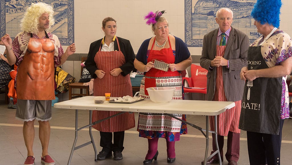 "The Cooking Scene" - Frank Remiatte as Grizelda, Bethany Blakemore as Buttons, Lara Costa as the Baroness, Andy Arkle as the Baron and Alan Smith as Gertrude