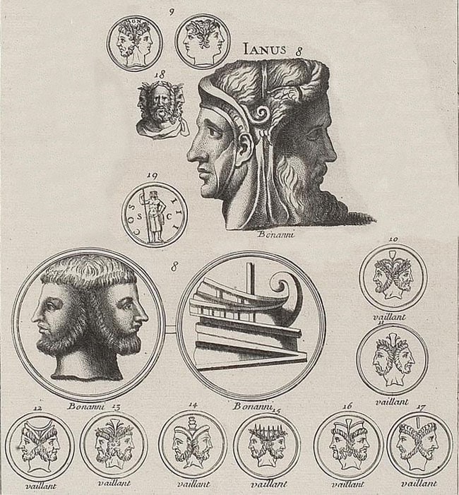 Different depictions of Janus from Bernard de Montfaucon's L'antiquité expliquée et représentée en figures|Portrait of Pope Gregory XIII by Lavinia Fontana (1552 – 1614)|Vulcan and Maia by Bartholomäus Spranger (1585)