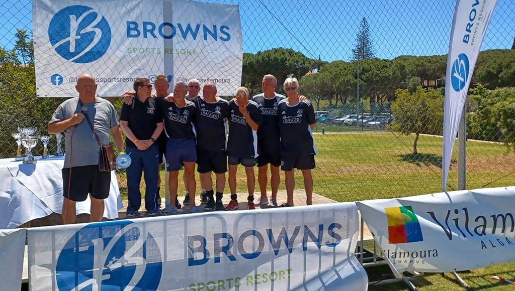 EAWF Olhão over 60s team, from left: Stuart Meakin (manager), Steve Maddocks, Michael Coleman, Mark Cruddace (captain), John Dyer, Andy Smith, Rob Stanley, Steve Jones and John Connor