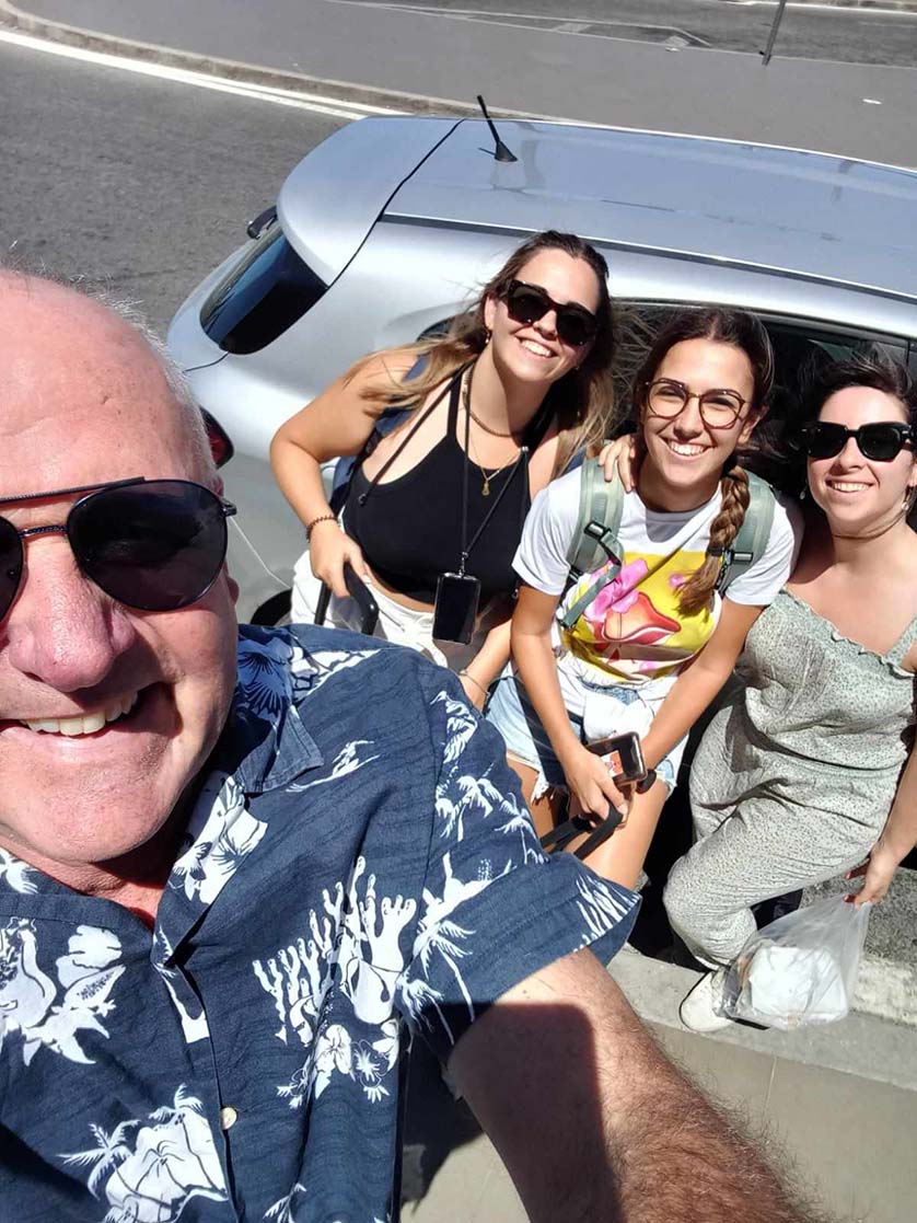 Happy Spanish tourists|Congratulations - Dullu going to collect his new baby from hospital|French girls still in party mood at 6am - the fun ride|Rana dropped off for Skydiving