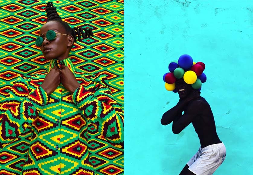 From left: Thandiwe Muriu, CAMO 32, Courtesy of 193 Gallery; Derrick Boateng, Cheerful, 2022, Courtesy of In The Pink