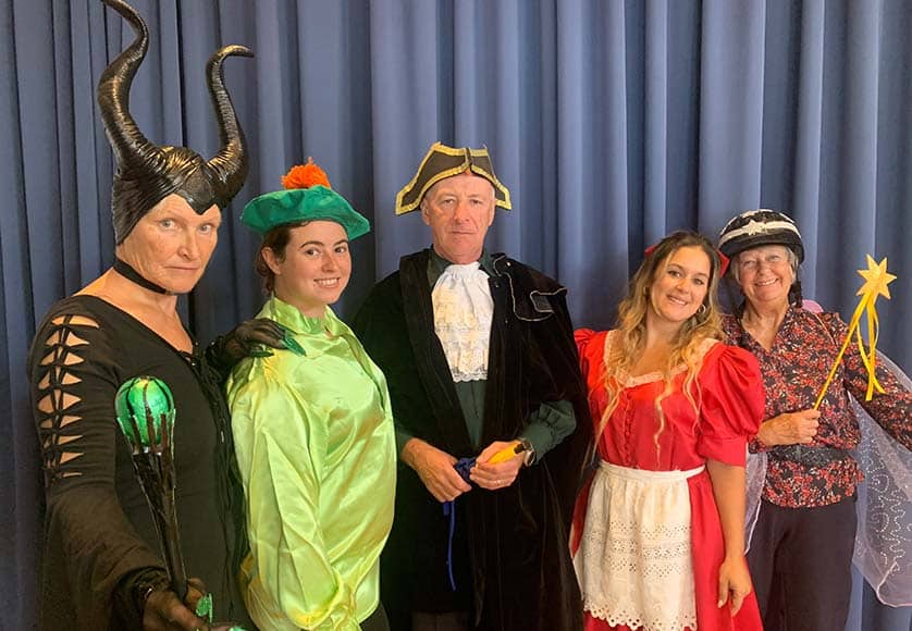 Madeleine Wheare as Wicked Witch Wilma, Bethany Blakemore as Clueless Simon, Andy Arkle as Baron Stonybroke, Joana Jacob as Pippa Perky and Gloria Costa as The Fairy in ‘Jack and the Beanstalk’