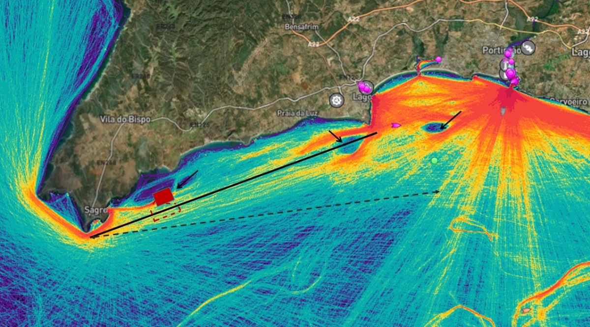 Recreational and leisure nautical traffic between Ponta de Sagres and Lagos Bay. Existing aquaculture operations are marked with black arrows. The Finisterra 1 expansion area is outlined with a dashed red rectangle. The solid black line represents the current shortest route, while the dashed black line indicates the route that traffic will follow in the future (Photo and caption: Câmara Municipal de Lagos)