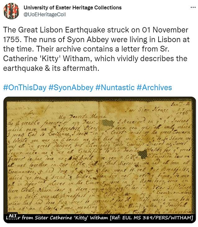 Letter from Sister Witham - Photo Twitter|Map of Lisbon 1640 (before the earthquake)