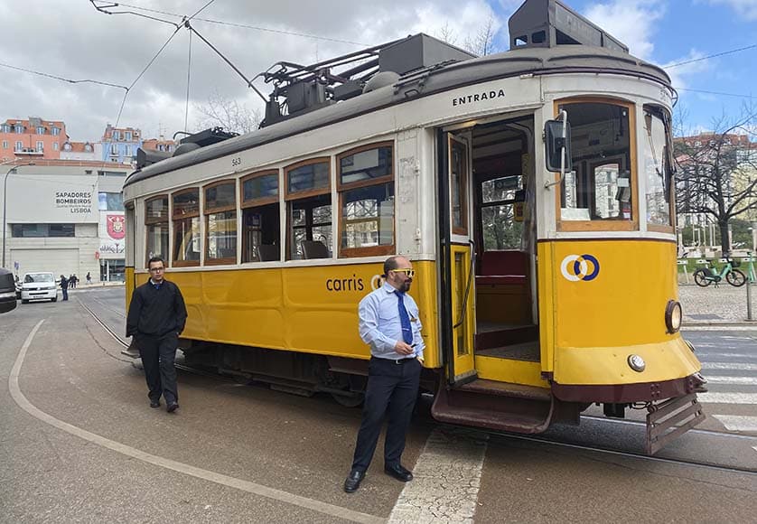 One of the colourful 1930s style trams that make getting around Lisbon so memorable
