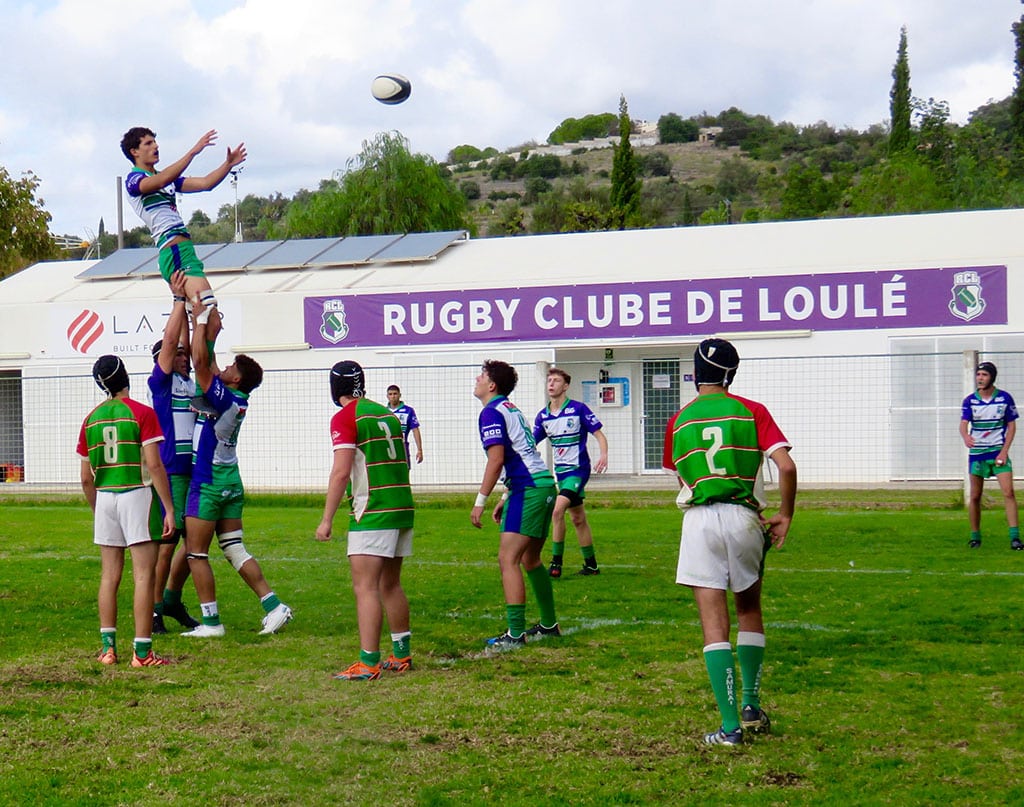 A successful line-out during a recent under-19s game for Loulé Rugby Club|Even the tykes show an appreciation for the game during a Saturday morning introductory workout at the Loulé Rugby Club|The Loulé Rugby Club's under-19s happily take the field before a recent game|Pat, the Expat, with some Japanese fans before their game with England at the World Cup in Nice, France