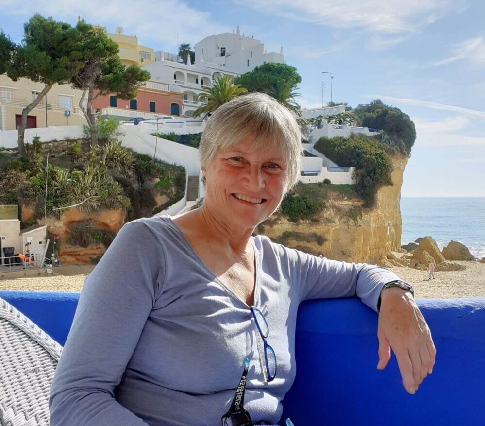 Madeleine Wheare lives in the popular seaside town of Carvoeiro|Madeleine with her two dogs in Praia Grande (Ferragudo) and enjoying the boardwalk in Carvoeiro|Pat and Rob Mascot in their villa in Carvoeiro: "Our life is wonderful!"|Helga and Larry Hampton play golf, enjoy the lifestyle, and classify the beaches as “world-class”|Madeleine playing the role of Mother Superior in 'Sister Act', a production by the Algarveans Theatre Group