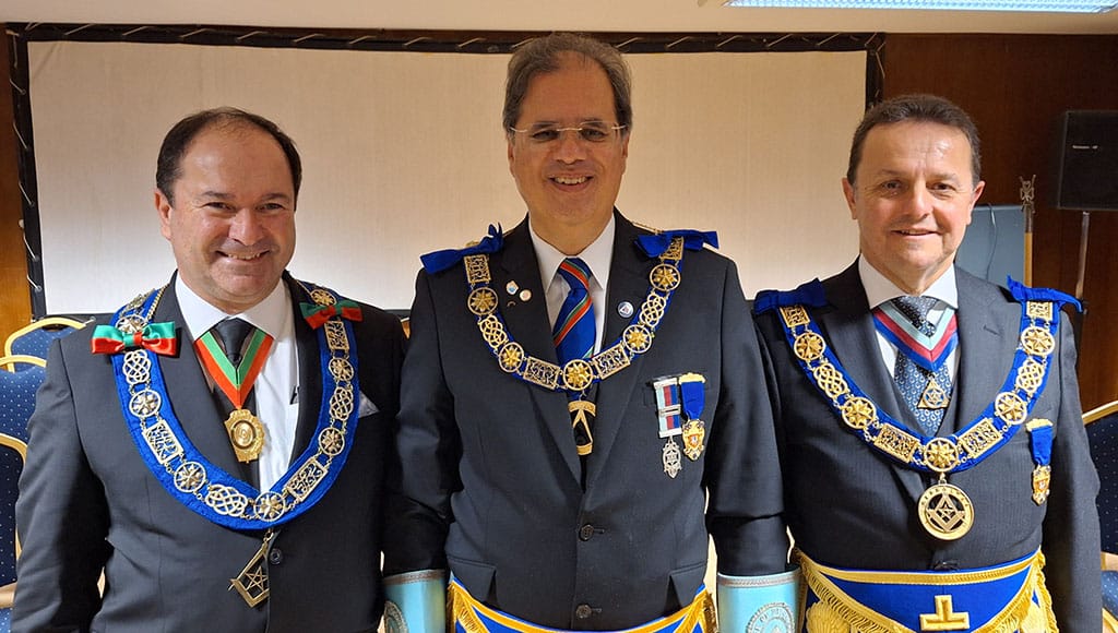 from left: Paulo Rola, Deputy Grand Master of Grande Loja Legal de Portugal, Pierre Caeiro, New Grand Inspector of the group of UGLE English lodges in Portugal and Derek Tilbury, District Grand Master of the District Grand Lodge of Gibraltar