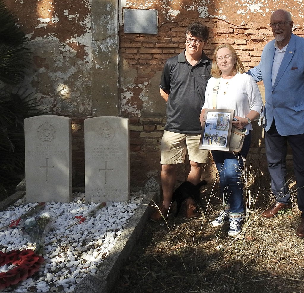 From left, Geoff Button from Sydney NSW, Gladys Méndez Naylor and Chris Wright|Geoff Button also pays his respects at the grave of ‘The Man Who Never Was’ in the Catholic Cemetery|The ceremony held on April 19 last year to honour the two allied airmen who died 80 years ago|The neglected grave of Dr Mackay’s young son|The Tavira volunteers|There are plans to renovate the cemetery