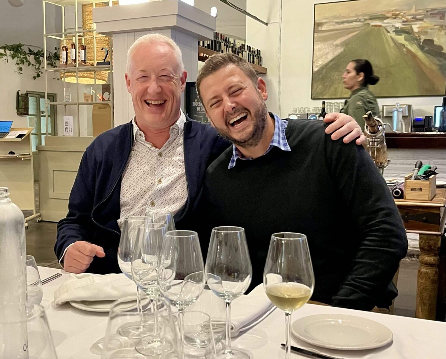 Pascal Preudhomme (left) and Carlos (right)|Victor from Hidalgo la Gitana pouring Manzanilla En Rama|One of the Cathedrals at Bodega Lustau|A Veil of Flor|Lunch in Bodega Luis Perez on the last day