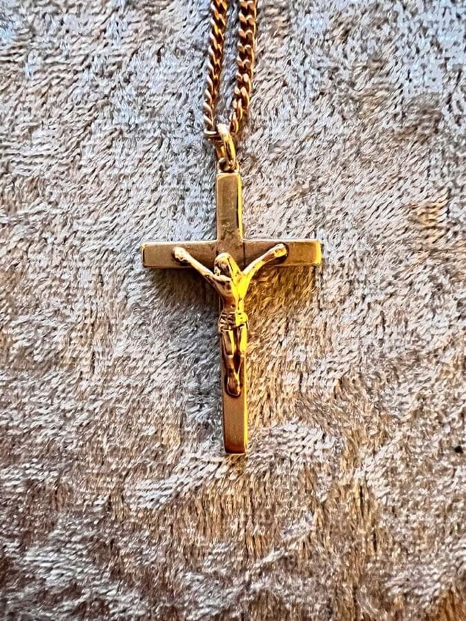 The crucifix pendant was given to Jacky Shell by his late mother 56 years ago