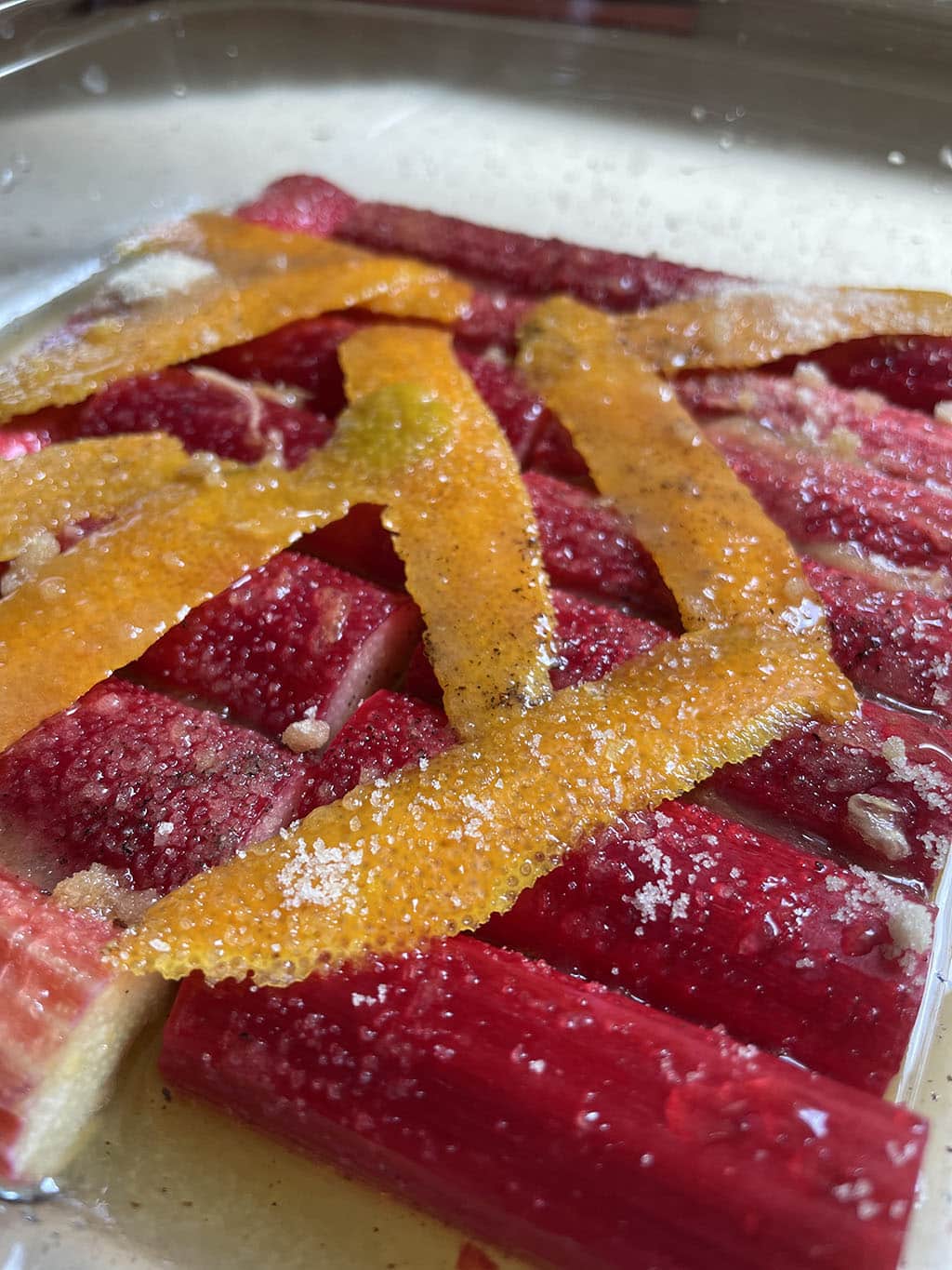 Rhubarb ready for poaching in orange juice and peel|Orange poached fennel served with fish and risotto|Portuguese Orange and Olive cake