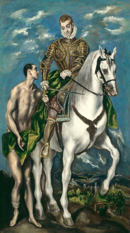 “Saint Martin and the Beggar” by Greek mannerist painter El Greco is perhaps the most famous painting of the story (c1597–1599)